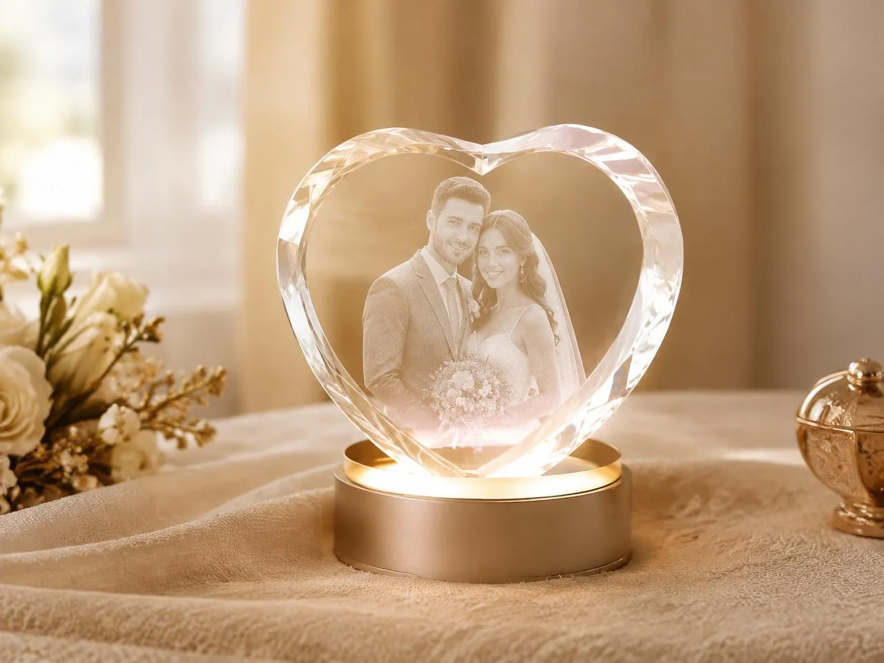 Heart-shaped crystal keepsake with an etched wedding portrait glowing on a gold base